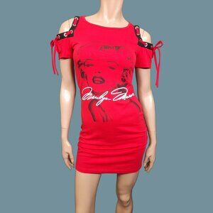 Y2K Marilyn Monroe Mini Dress S Red Graphic Print Rocker Punk Off Shoulder